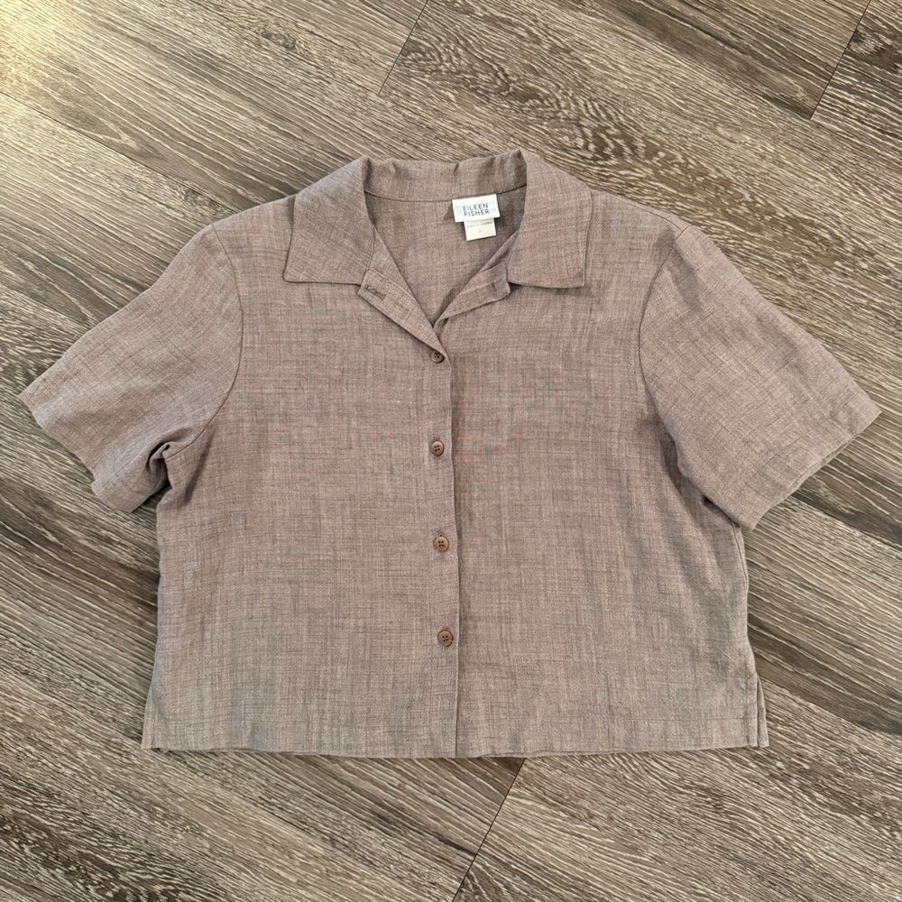Eileen Fisher Linen Blend Short Sleeve Button Up